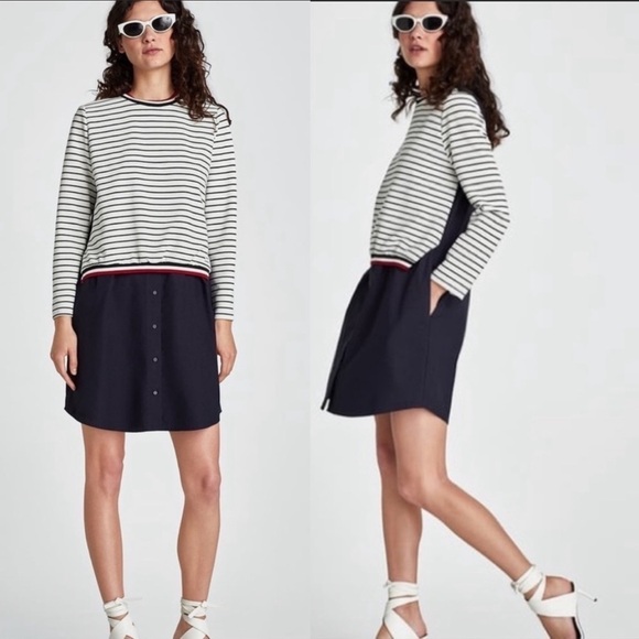 Zara Striped White Navy Long Sleeve Button Front Shift Dress half Sweater XS - Picture 1 of 16